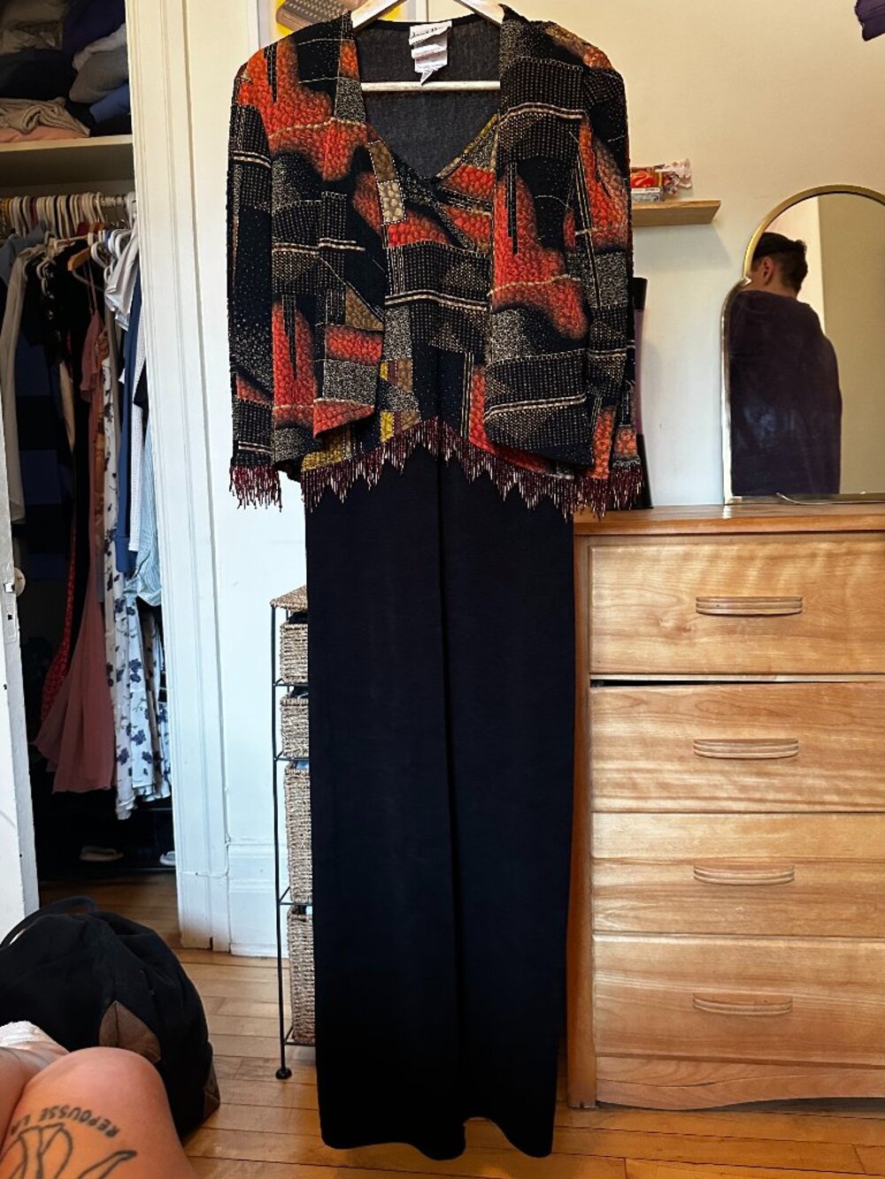 VINTAGE Joseph Ribkoff Beaded Fringe Abstract Pant Suit / Jumpsuit Set